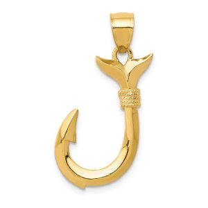 14k Yellow Gold 3D Whale Tail Fishhook Pendant