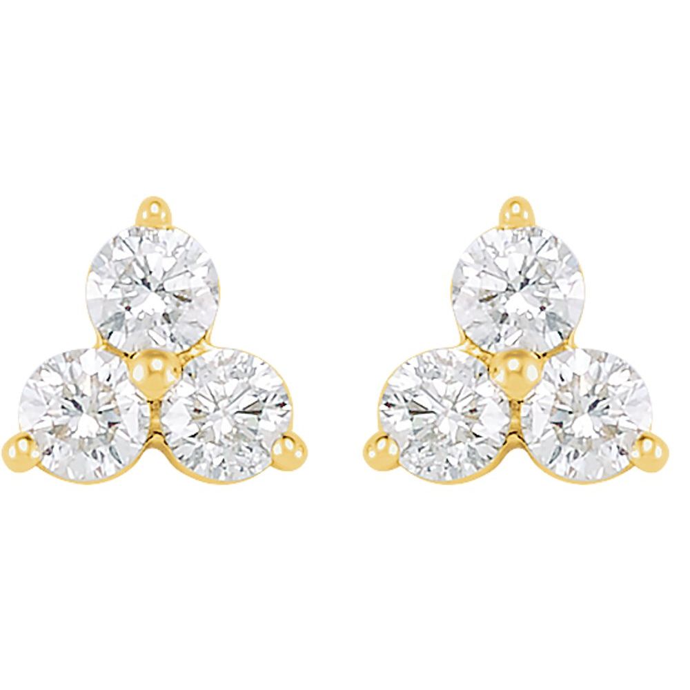 14k Yellow Gold 5/8 Ctw Diamond Three-Stone Post Earrings, 7 x 6.5mm