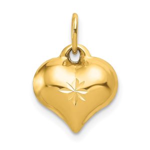 14k Yellow Gold Diamond Cut Detailed Puffed Heart Pendant, 10mm