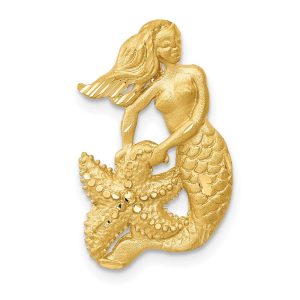 14k Yellow Gold Diamond Cut Mermaid with Sea Star Pendant