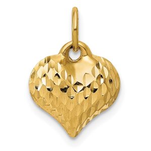 14k Yellow Gold Diamond Cut Puffed Heart Charm, 11mm