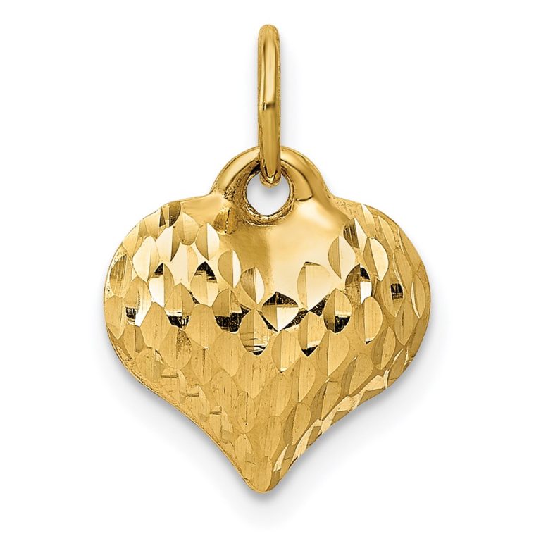 14k Yellow Gold Diamond Cut Puffed Heart Charm, 11mm