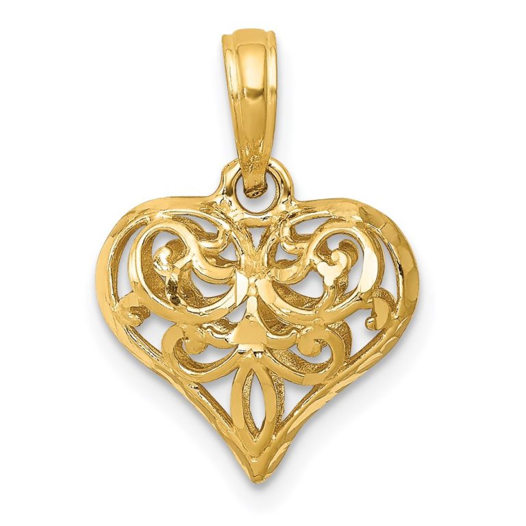 14k Yellow Gold Diamond Cut Puffed Heart Pendant, 10mm