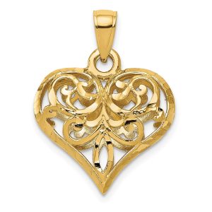 14k Yellow Gold Diamond Cut Puffed Heart Pendant, 20mm