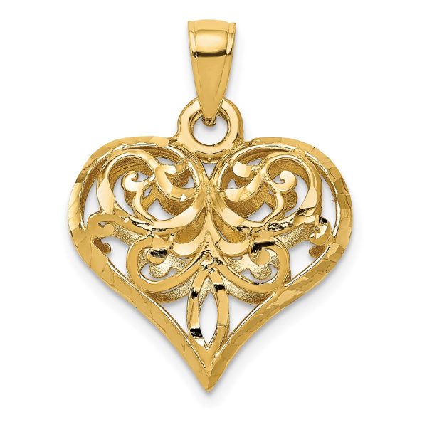 14k Yellow Gold Diamond Cut Puffed Heart Pendant, 20mm