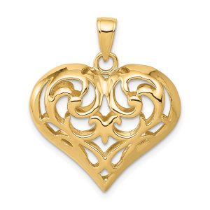 14k Yellow Gold Diamond Cut Puffed Heart Pendant, 22mm