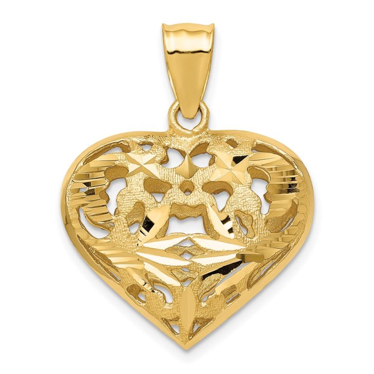 14k Yellow Gold Diamond Cut Puffed Heart Pendant, 25mm