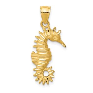 14k Yellow Gold Diamond Cut Satin Seahorse Pendant