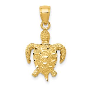 14k Yellow Gold Diamond Cut and Textured Sea Turtle Pendant