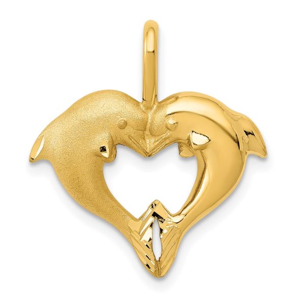 14k Yellow Gold Dolphins Heart Shaped Pendant