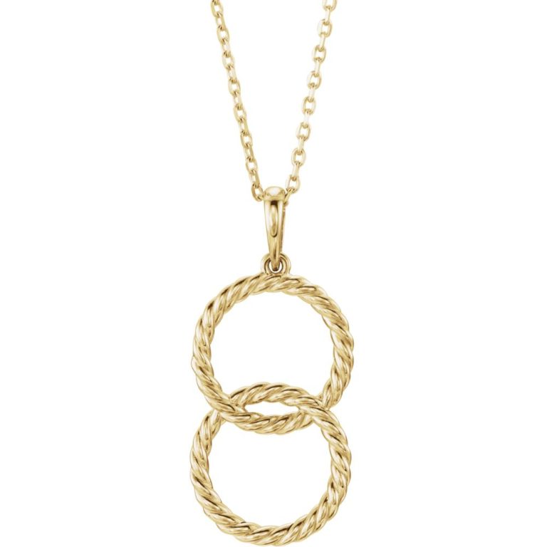 14k Yellow Gold Double Vertical Rope Circle Necklace, 16-18 Inch