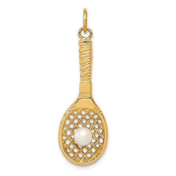 14k Yellow Gold FW Cultured Pearl 3D Tennis Racquet & Ball Pendant