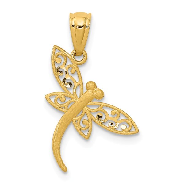 14k Yellow Gold Flat Filigree Dragonfly Pendant, 15mm