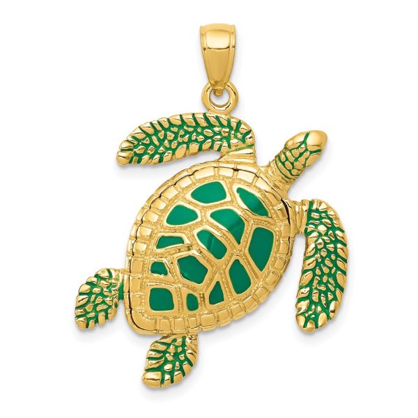 14k Yellow Gold Green Enameled 3D Sea Turtle Pendant