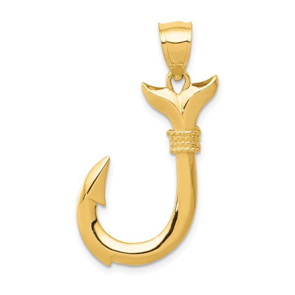 14k Yellow Gold Large 3D Whale Tail Fish Hook Pendant