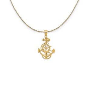 14k Yellow Gold Large Anchor, Ship's Wheel and Rope Necklace - 18 Inch