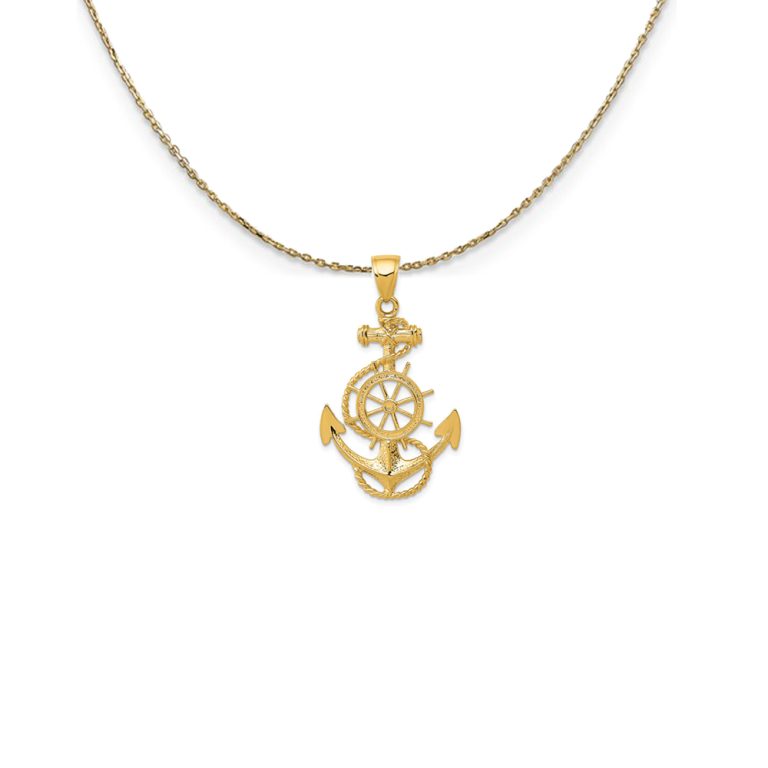 14k Yellow Gold Large Anchor, Ship's Wheel and Rope Necklace - 18 Inch