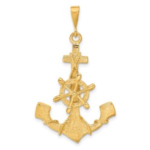 14k Yellow Gold Large Satin Anchor with Wheel and Rope Pendant