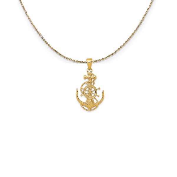 14k Yellow Gold Medium Anchor, Ship's Wheel and Rope Necklace - 18 In