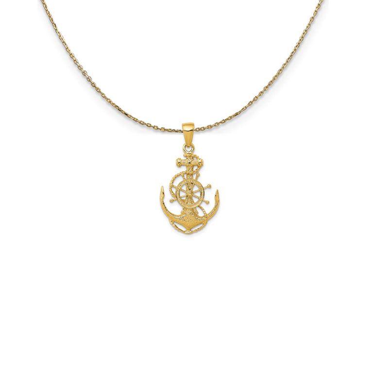 14k Yellow Gold Medium Anchor, Ship's Wheel and Rope Necklace - 18 In