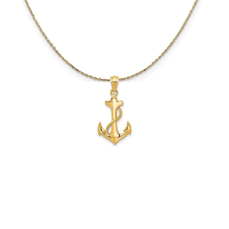 14k Yellow Gold Polished Anchor and Rope Necklace - 16 Inch