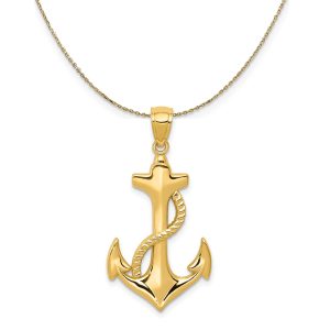 14k Yellow Gold Polished Anchor with Rope Necklace - 18 Inch