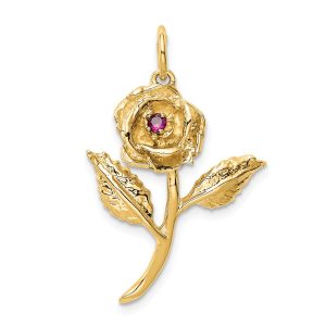 14k Yellow Gold Red Cubic Zirconia Accented 3D Rose Pendant