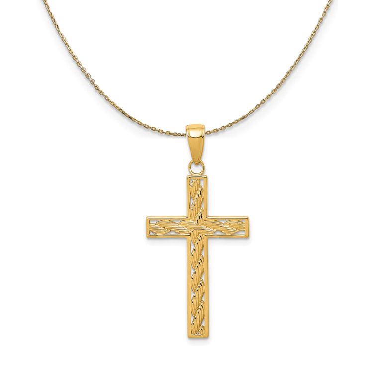 14k Yellow Gold, Rope, Latin Cross Necklace - 18 Inch