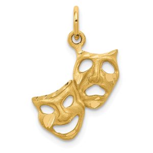 14k Yellow Gold Satin Diamond Cut Comedy and Tragedy Mask Charm