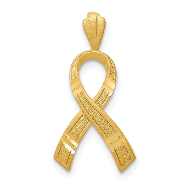 14k Yellow Gold Satin & Diamond Cut Awareness Ribbon Pendant, 12mm