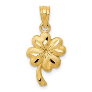 14k Yellow Gold Satin & Diamond Cut Shamrock Pendant, 10mm (3/8 inch)