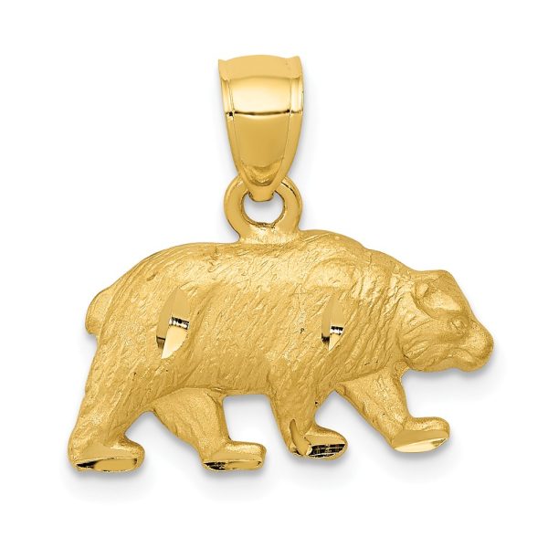 14k Yellow Gold Satin and Diamond Cut Bear Pendant