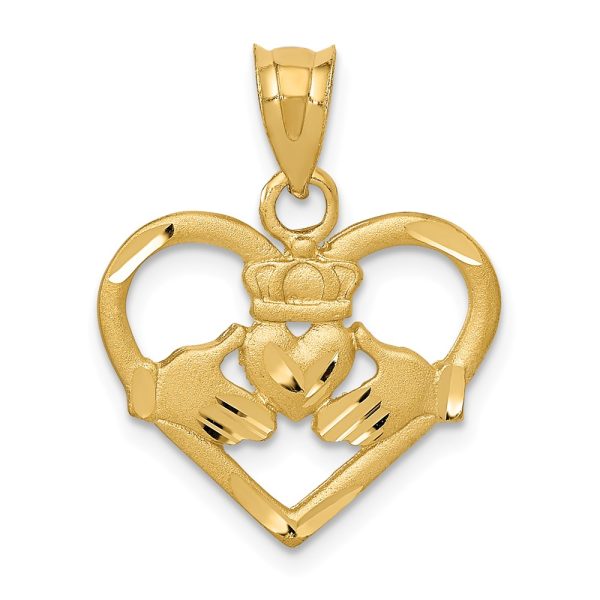 14k Yellow Gold Satin and Diamond Cut Claddagh Heart Pendant, 19mm