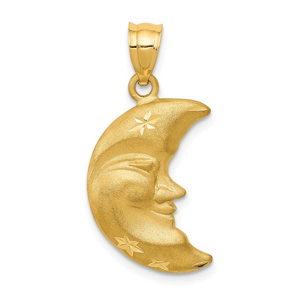 14k Yellow Gold Satin and Diamond Cut Crescent Moon Face Pendant