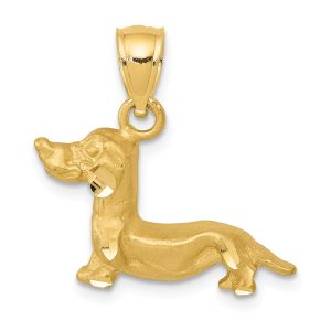 14k Yellow Gold Satin and Diamond Cut Dachshund Pendant