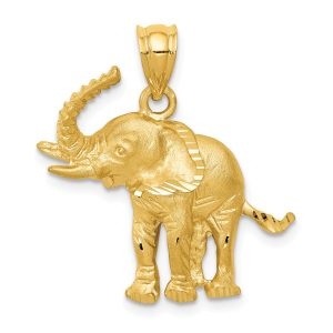 14k Yellow Gold Satin and Diamond Cut Elephant Pendant