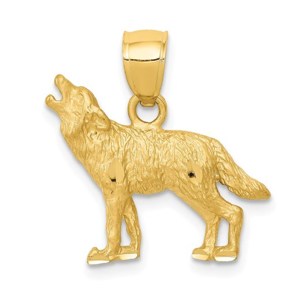 14k Yellow Gold Satin and Diamond Cut Howling Wolf Pendant