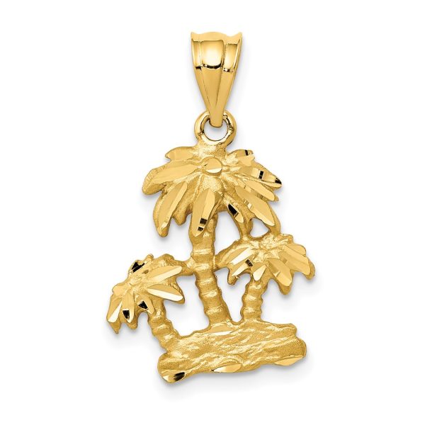 14k Yellow Gold Satin and Diamond Cut Palm Trees Pendant