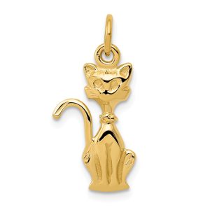 14k Yellow Gold Satin and Diamond Cut Siamese Cat Pendant