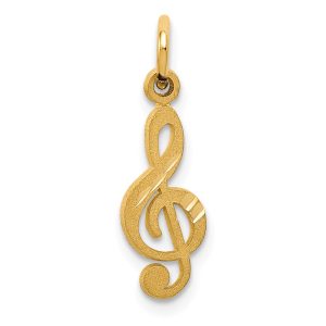 14k Yellow Gold Satin and Diamond Cut Treble Clef Charm