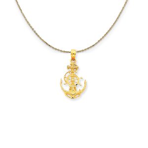 14k Yellow Gold Small Anchor, Ship's Wheel and Rope Necklace - 18 Inch