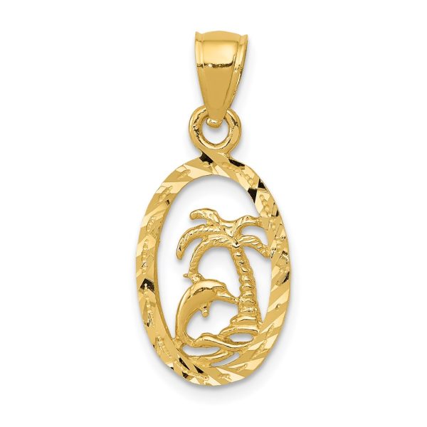 14k Yellow Gold Small Diamond Cut Dolphin and Palm Tree Pendant