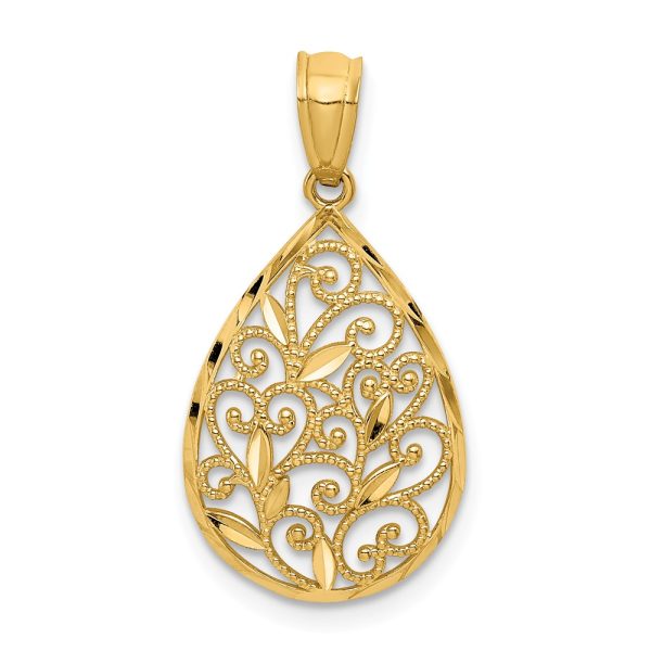 14k Yellow Gold Small Filigree Teardrop Pendant, 13mm (1/2 inch)