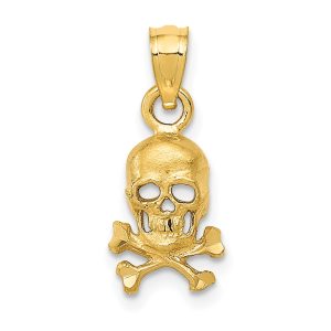 14k Yellow Gold Small Satin Skull and Crossbones Pendant