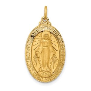 14k Yellow Gold Solid 3D Oval Miraculous Medal Pendant, 14 x 32mm