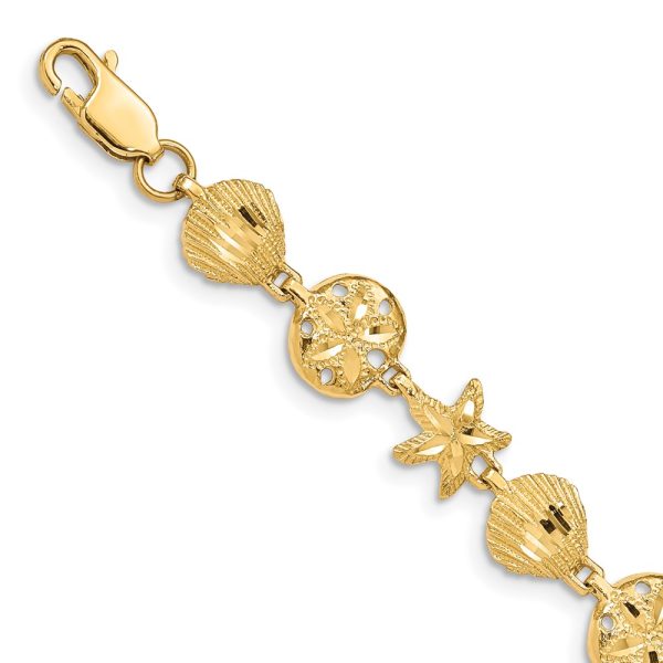 14k Yellow Gold Starfish, Shell, Sand Dollar Beach Bracelet - 7 Inch