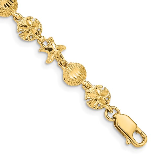 14k Yellow Gold Starfish, Shell and Sand Dollar Bracelet - 7 Inch