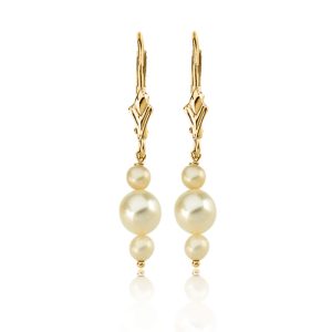 14k Yellow Gold Triple White Cultured Pearl Earrings, 30mm