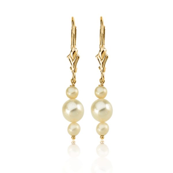 14k Yellow Gold Triple White Cultured Pearl Earrings, 30mm