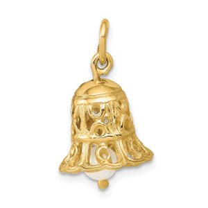 14k Yellow Gold & FW Cultured Pearl 3D Wedding Bell Pendant, 12mm